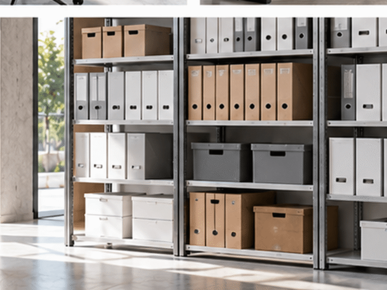 Estanterías con archivadores y cajas para almacenaje de oficina