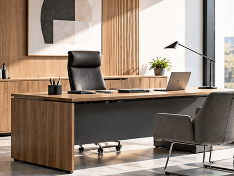 Despacho de dirección con mesa de madera y sillas de visita