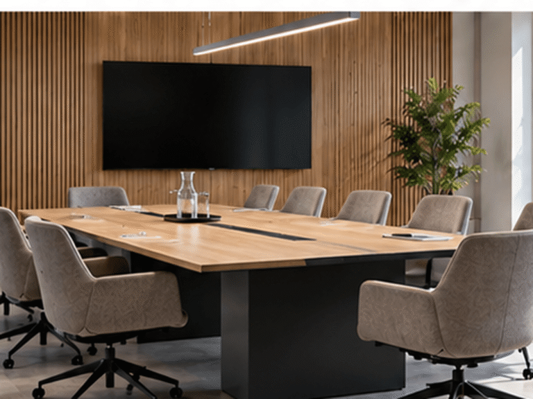 Sala de reuniones con mesa y sillas de oficina