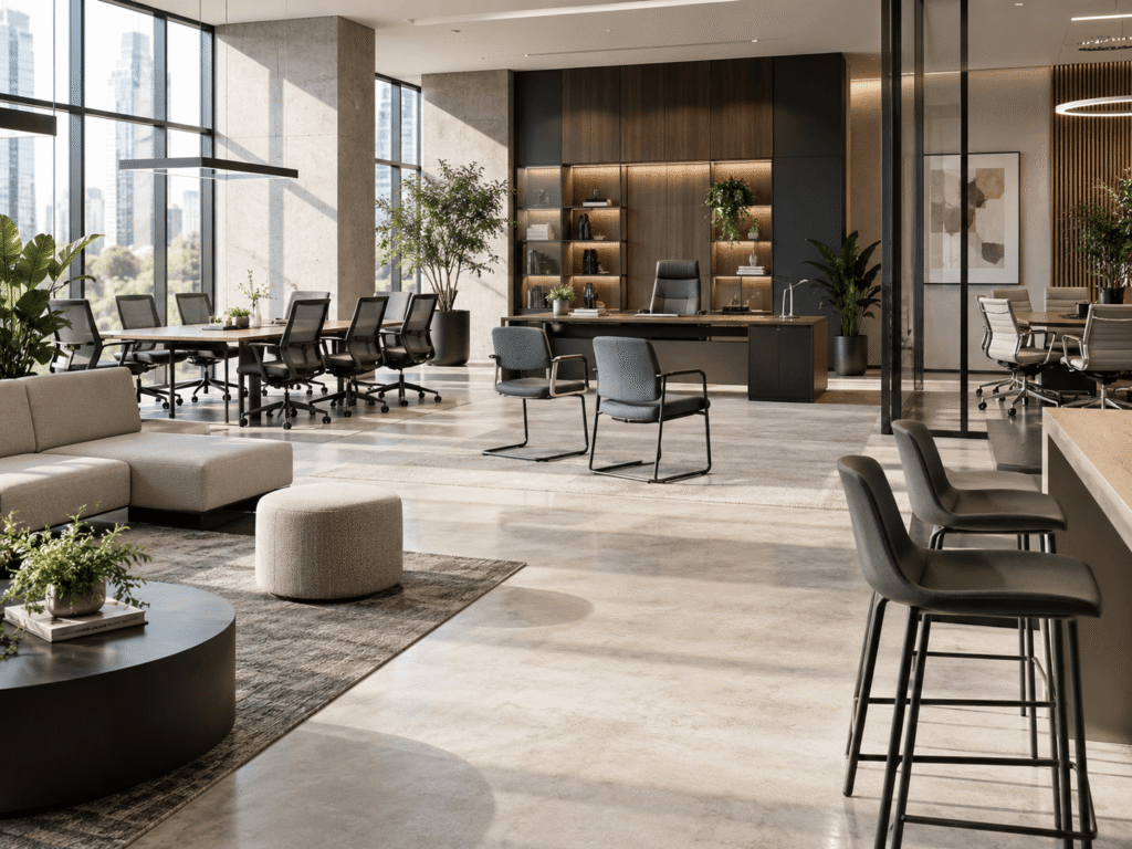 Espacio de trabajo corporativo equipado con mobiliario de oficina